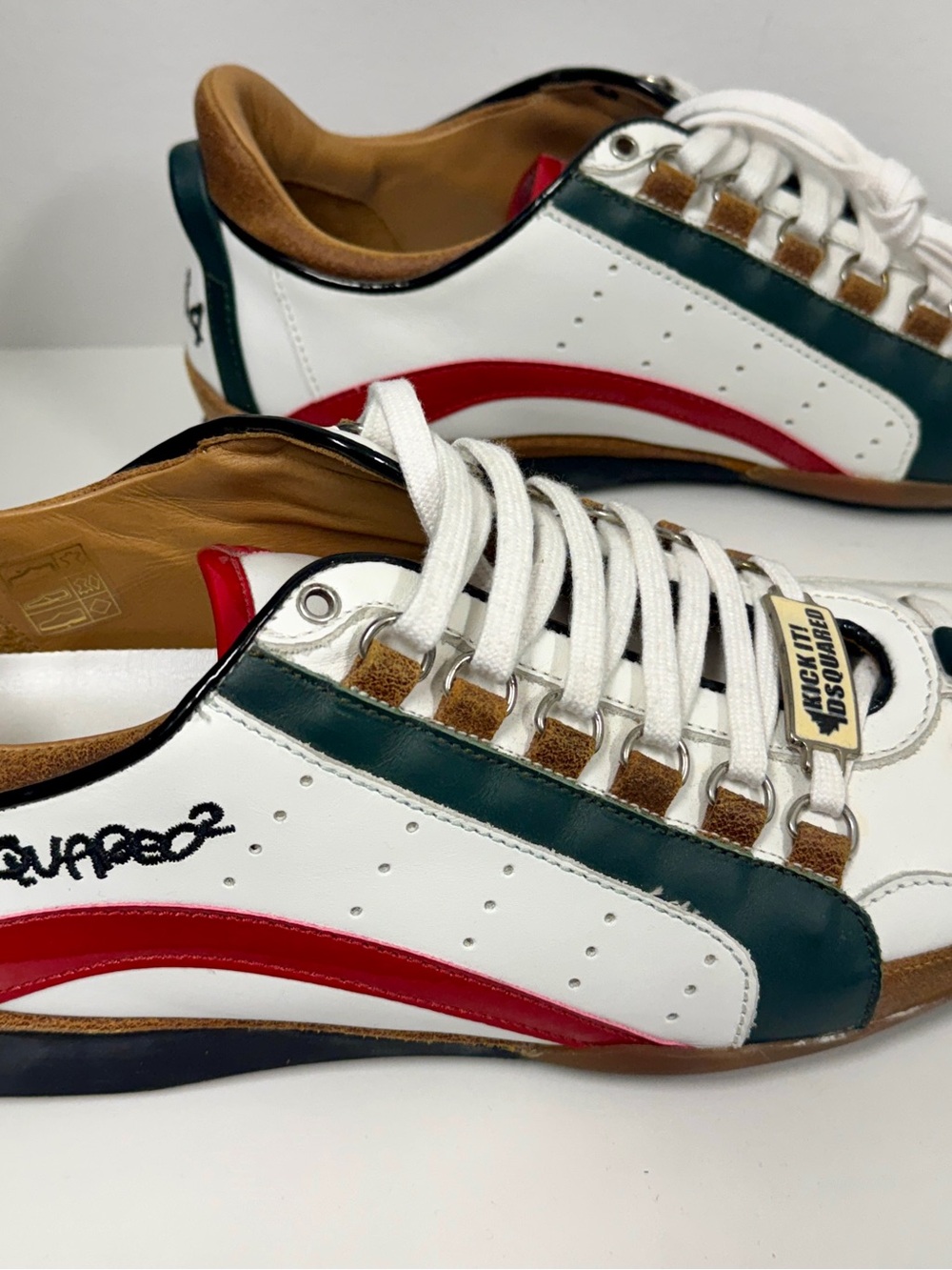 DSQUARED2 White Leather Sneakers with Green & Red Accents and Tan Interior NWT - Picture 3 of 13